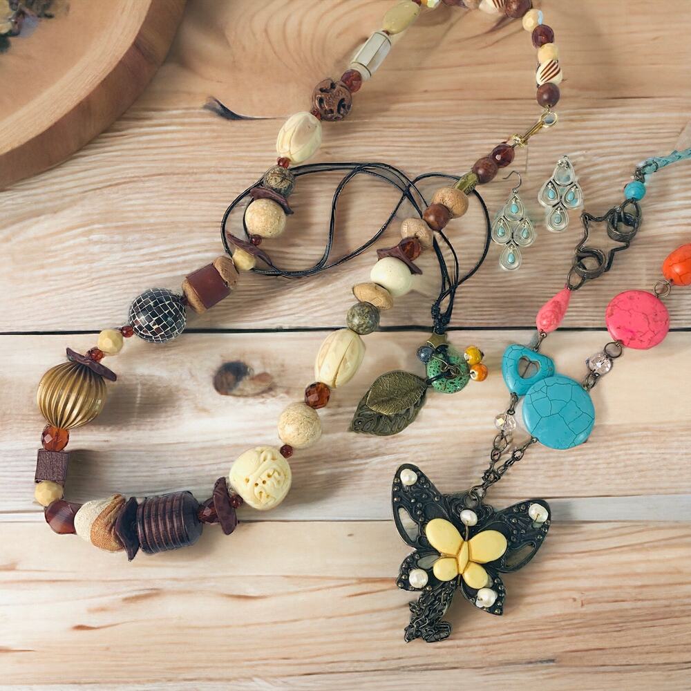 Jewelry Lot of 4 Jewelry Statement Necklace Earings Boho Carved Beads Butterfly